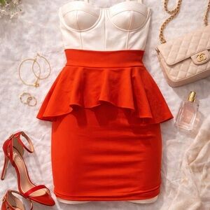 🍅 Bebe Tomato Red Mini Pencil Skirt w/ Ruffled Peplum | Y2K Night Out | Size S